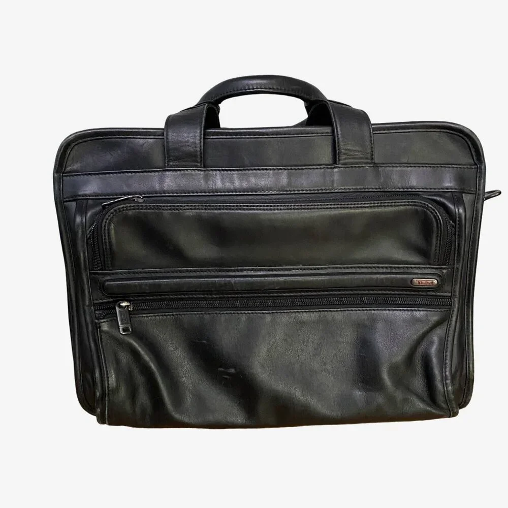 TUMI Black Leather Laptop Briefcase with Multiple Compartments